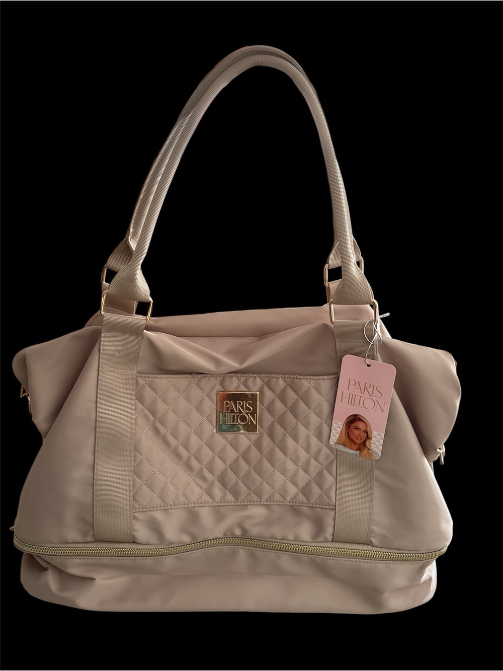 Paris Hilton Light Beige Quilted Tote with Gold-Tone Logo